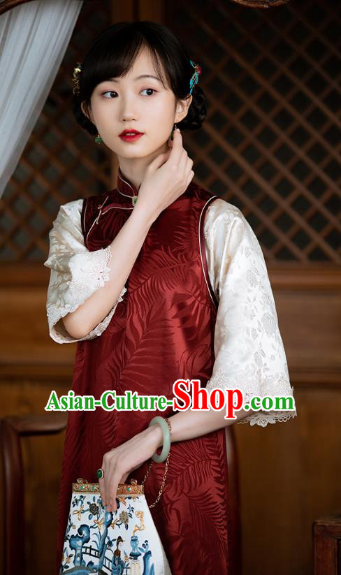 Republic of China Traditional National Costume Asian Classical Pattern Cheongsam Red Silk Qipao Dress Republic of China Traditional National Costume Asian Classical Pattern Cheongsam Red Silk Qipao Dress