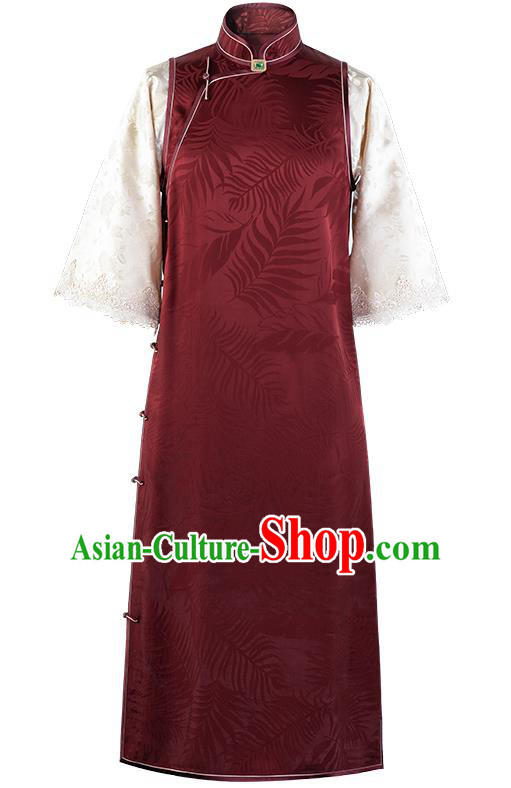 Republic of China Traditional National Costume Asian Classical Pattern Cheongsam Red Silk Qipao Dress Republic of China Traditional National Costume Asian Classical Pattern Cheongsam Red Silk Qipao Dress