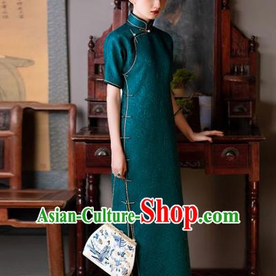Republic of China Traditional Peacock Green Silk Qipao Dress Asian Classical Cheongsam National Retro Costume