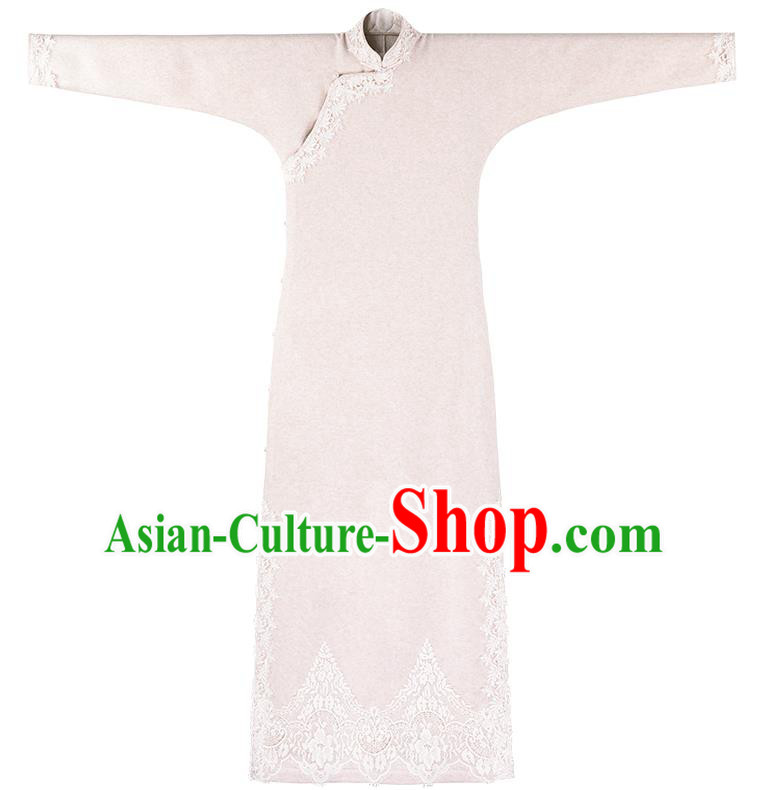 Chinese National Beige Woolen Cheongsam Republic of China Traditional Women Costume Classical Qipao Dress Chinese National Beige Woolen Cheongsam Republic of China Traditional Women Costume Classical Qipao Dress