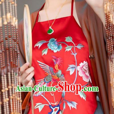 Chinese Classical Bellyband Traditional Embroidered Phoenix Peony Red Silk Stomachers Costume