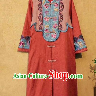 China Traditional Costume National Outer Garment Long Coat Tang Suit Women Orange Flax Dust Coat