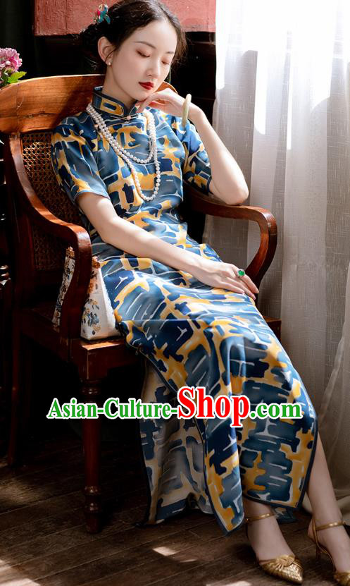 Republic of China Traditional Women Costume Classical Qipao Dress Chinese National Blue Cheongsam Republic of China Traditional Women Costume Classical Qipao Dress Chinese National Blue Cheongsam