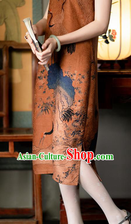 Republic of China Traditional Qipao Dress Chinese National Costume Classical Brown Silk Cheongsam Republic of China Traditional Qipao Dress Chinese National Costume Classical Brown Silk Cheongsam