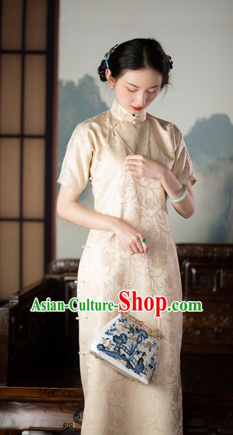 Republic of China Champagne Silk Qipao Dress Chinese Traditional Costume National Cheongsam Republic of China Champagne Silk Qipao Dress Chinese Traditional Costume National Cheongsam