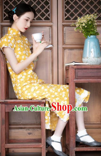 Chinese Classical Daity Pattern Yellow Qipao Dress China Traditional National Cheongsam Costume Chinese Classical Daity Pattern Yellow Qipao Dress China Traditional National Cheongsam Costume