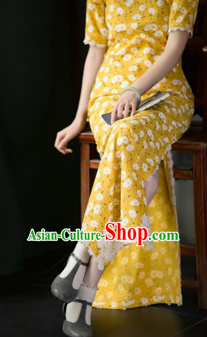 Chinese Classical Daity Pattern Yellow Qipao Dress China Traditional National Cheongsam Costume Chinese Classical Daity Pattern Yellow Qipao Dress China Traditional National Cheongsam Costume