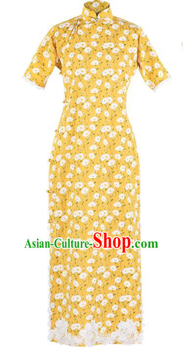 Chinese Classical Daity Pattern Yellow Qipao Dress China Traditional National Cheongsam Costume Chinese Classical Daity Pattern Yellow Qipao Dress China Traditional National Cheongsam Costume