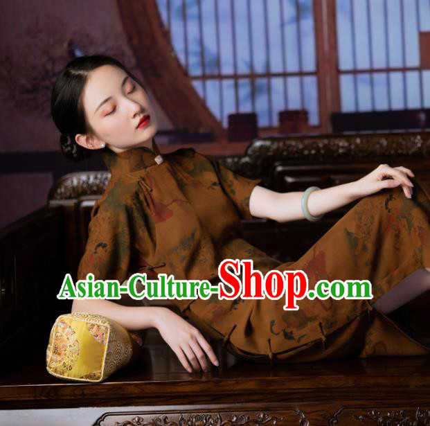 Chinese Classical Beauty Pattern Ginger Silk Qipao Dress Costume Traditional National Women Cheongsam Chinese Classical Beauty Pattern Ginger Silk Qipao Dress Costume Traditional National Women Cheongsam