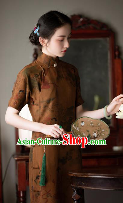 Chinese Classical Beauty Pattern Ginger Silk Qipao Dress Costume Traditional National Women Cheongsam Chinese Classical Beauty Pattern Ginger Silk Qipao Dress Costume Traditional National Women Cheongsam