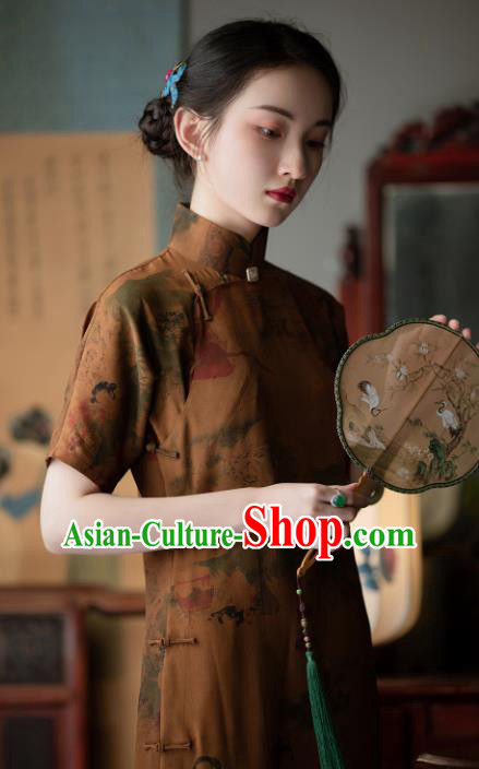 Chinese Classical Beauty Pattern Ginger Silk Qipao Dress Costume Traditional National Women Cheongsam Chinese Classical Beauty Pattern Ginger Silk Qipao Dress Costume Traditional National Women Cheongsam