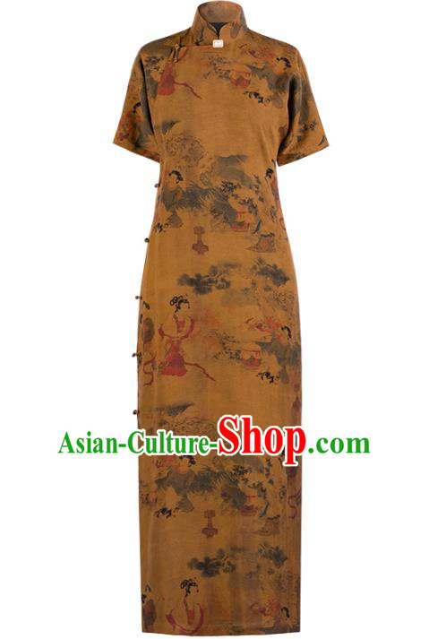 Chinese Classical Beauty Pattern Ginger Silk Qipao Dress Costume Traditional National Women Cheongsam Chinese Classical Beauty Pattern Ginger Silk Qipao Dress Costume Traditional National Women Cheongsam