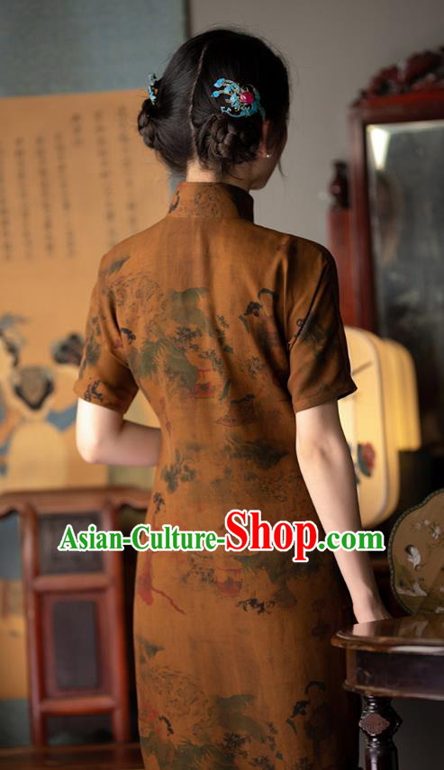 Chinese Classical Beauty Pattern Ginger Silk Qipao Dress Costume Traditional National Women Cheongsam Chinese Classical Beauty Pattern Ginger Silk Qipao Dress Costume Traditional National Women Cheongsam