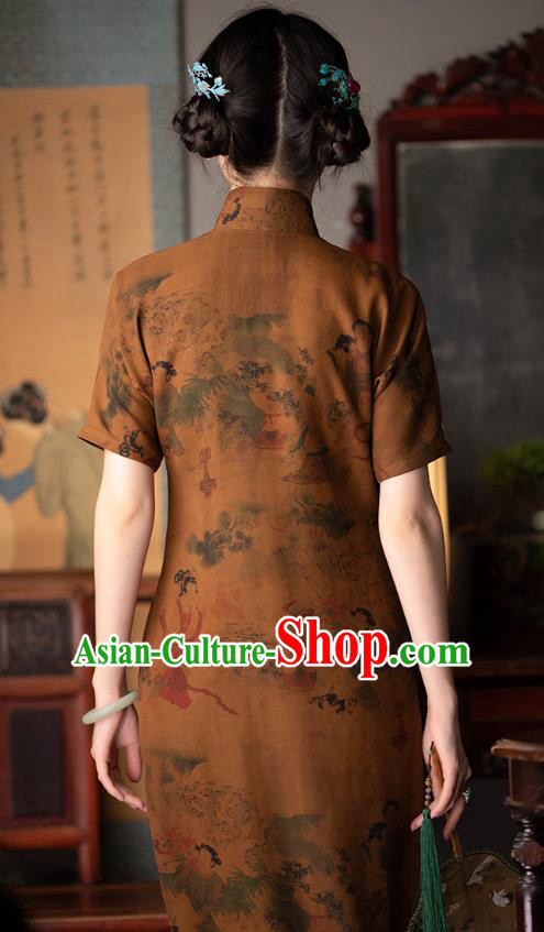 Chinese Classical Beauty Pattern Ginger Silk Qipao Dress Costume Traditional National Women Cheongsam Chinese Classical Beauty Pattern Ginger Silk Qipao Dress Costume Traditional National Women Cheongsam