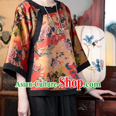 Chinese Classical Peony Pattern Red Silk Blouse Tang Suit Upper Outer Garment Traditional National Shirt Clothing for Women