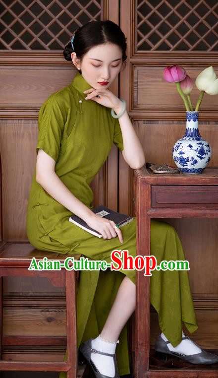 Chinese Traditional Women Cheongsam National Costume Classical Olive Green Qipao Dress Chinese Traditional Women Cheongsam National Costume Classical Olive Green Qipao Dress