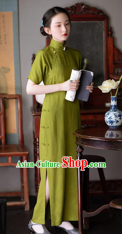 Chinese Traditional Women Cheongsam National Costume Classical Olive Green Qipao Dress Chinese Traditional Women Cheongsam National Costume Classical Olive Green Qipao Dress