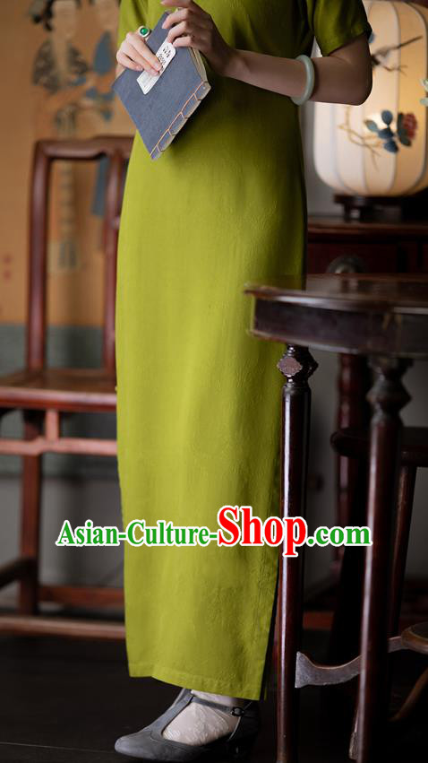 Chinese Traditional Women Cheongsam National Costume Classical Olive Green Qipao Dress Chinese Traditional Women Cheongsam National Costume Classical Olive Green Qipao Dress