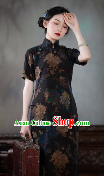 Asian Classical Cheongsam Republic of China Traditional Black Silk Qipao Dress National Costume Asian Classical Cheongsam Republic of China Traditional Black Silk Qipao Dress National Costume