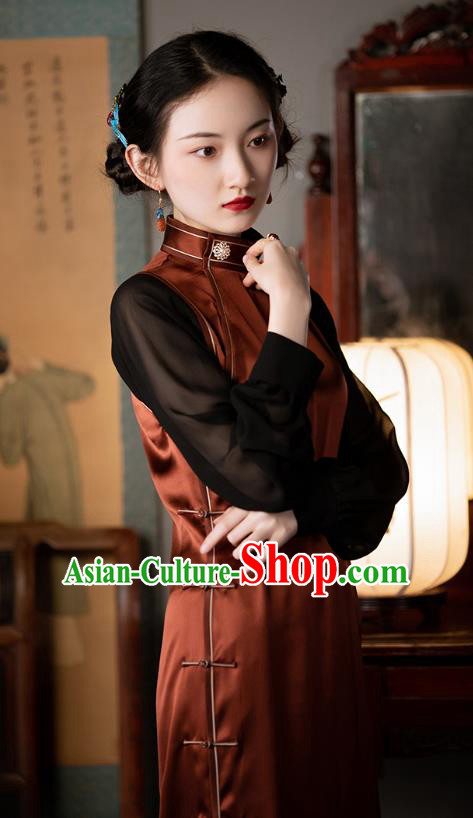 Chinese National Costume Classical Cheongsam Republic of China Traditional Rust Red Silk Qipao Dress