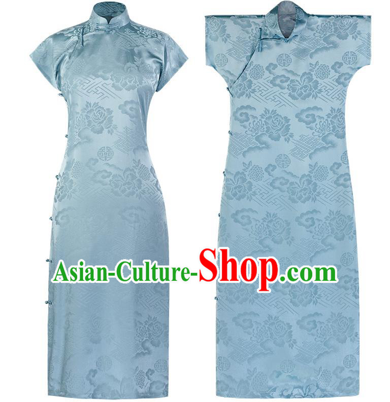 Chinese Traditional Peony Pattern Cheongsam National Women Costume Classical Light Blue Silk Qipao Dress Chinese Traditional Peony Pattern Cheongsam National Women Costume Classical Light Blue Silk Qipao Dress