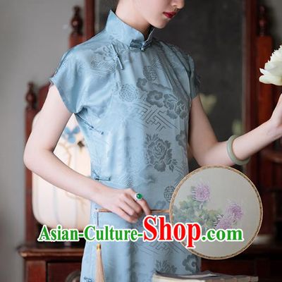 Chinese Traditional Peony Pattern Cheongsam National Women Costume Classical Light Blue Silk Qipao Dress