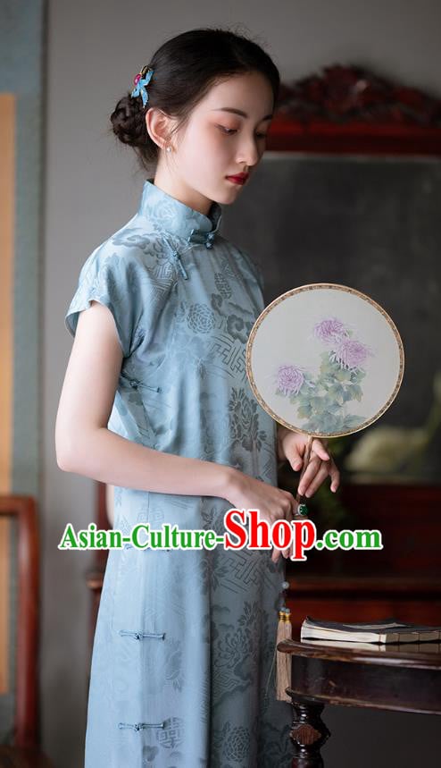 Chinese Traditional Peony Pattern Cheongsam National Women Costume Classical Light Blue Silk Qipao Dress Chinese Traditional Peony Pattern Cheongsam National Women Costume Classical Light Blue Silk Qipao Dress