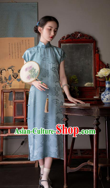 Chinese Traditional Peony Pattern Cheongsam National Women Costume Classical Light Blue Silk Qipao Dress Chinese Traditional Peony Pattern Cheongsam National Women Costume Classical Light Blue Silk Qipao Dress