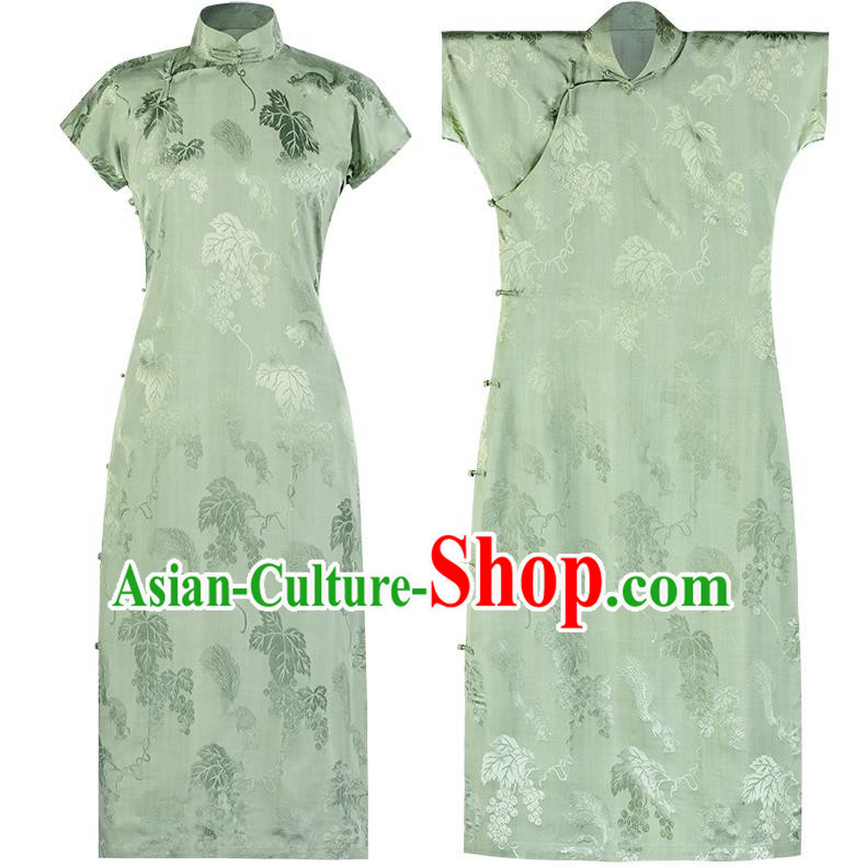 Chinese Traditional Grape Pattern Light Green Silk Cheongsam National Women Classical Qipao Dress Costume Chinese Traditional Grape Pattern Light Green Silk Cheongsam National Women Classical Qipao Dress Costume