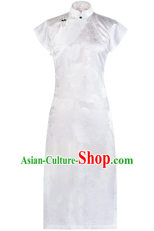 Chinese National Women Classical Qipao Dress Costume Traditional Peony Pattern White Silk Cheongsam