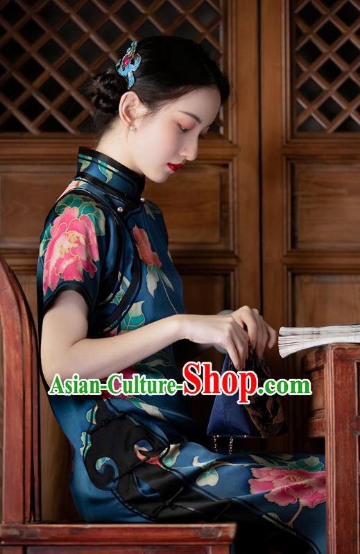 Chinese Classical Qipao Dress National Women Costume Traditional Deep Blue Silk Cheongsam Chinese Classical Qipao Dress National Women Costume Traditional Deep Blue Silk Cheongsam