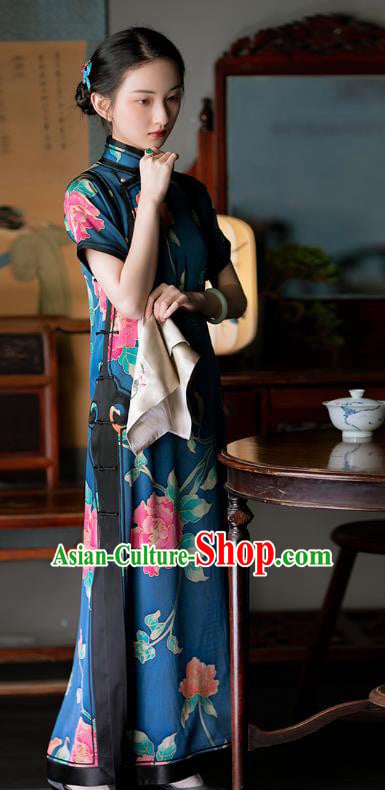 Chinese Classical Qipao Dress National Women Costume Traditional Deep Blue Silk Cheongsam Chinese Classical Qipao Dress National Women Costume Traditional Deep Blue Silk Cheongsam