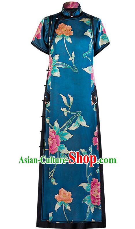 Chinese Classical Qipao Dress National Women Costume Traditional Deep Blue Silk Cheongsam Chinese Classical Qipao Dress National Women Costume Traditional Deep Blue Silk Cheongsam