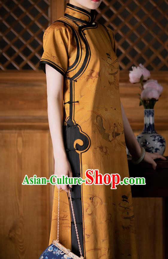 Chinese Classical Goddess Pattern Yellow Qipao Dress National Women Costume Traditional Silk Cheongsam Chinese Classical Goddess Pattern Yellow Qipao Dress National Women Costume Traditional Silk Cheongsam
