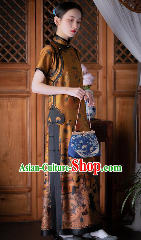 Chinese Classical Goddess Pattern Yellow Qipao Dress National Women Costume Traditional Silk Cheongsam Chinese Classical Goddess Pattern Yellow Qipao Dress National Women Costume Traditional Silk Cheongsam