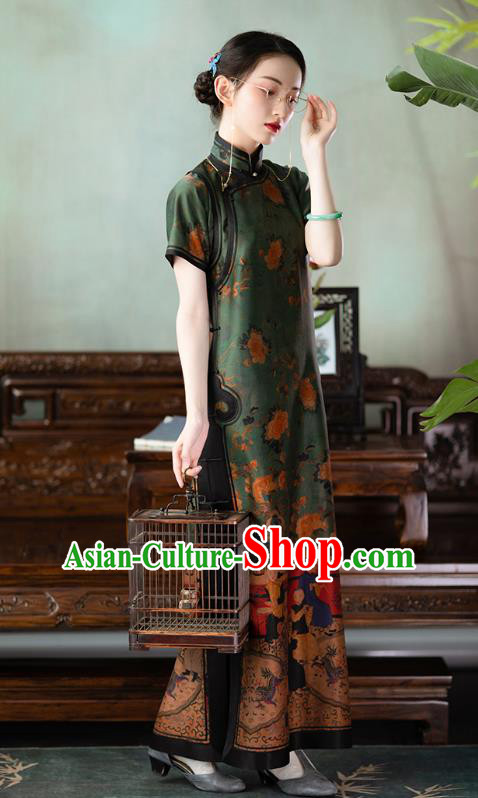 Chinese Classical Character Pattern Qipao Dress National Women Costume Traditional Deep Green Silk Cheongsam Chinese Classical Character Pattern Qipao Dress National Women Costume Traditional Deep Green Silk Cheongsam