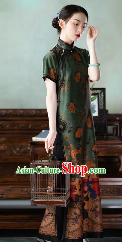 Chinese Classical Character Pattern Qipao Dress National Women Costume Traditional Deep Green Silk Cheongsam Chinese Classical Character Pattern Qipao Dress National Women Costume Traditional Deep Green Silk Cheongsam