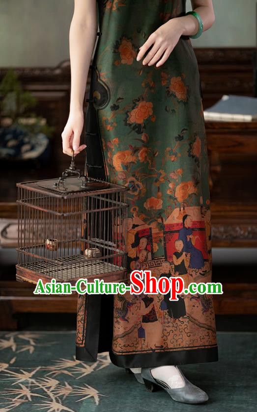 Chinese Classical Character Pattern Qipao Dress National Women Costume Traditional Deep Green Silk Cheongsam Chinese Classical Character Pattern Qipao Dress National Women Costume Traditional Deep Green Silk Cheongsam