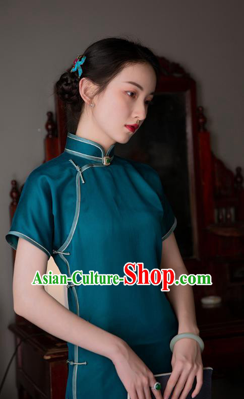 Chinese Blue Silk Qipao Dress National Women Costume Traditional Classical Cheongsam