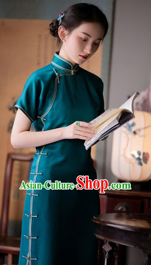 Chinese Blue Silk Qipao Dress National Women Costume Traditional Classical Cheongsam