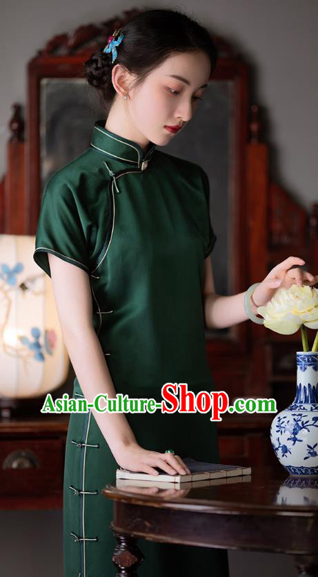 Chinese Traditional Classical Cheongsam Dark Green Silk Qipao Dress National Women Costume Chinese Traditional Classical Cheongsam Dark Green Silk Qipao Dress National Women Costume