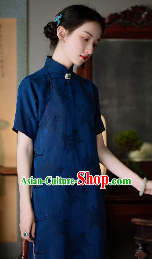 Chinese Traditional Cheongsam National Women Costume Classical Deep Blue Silk Qipao Dress Chinese Traditional Cheongsam National Women Costume Classical Deep Blue Silk Qipao Dress