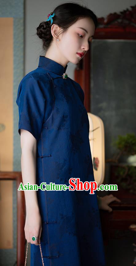 Chinese Traditional Cheongsam National Women Costume Classical Deep Blue Silk Qipao Dress Chinese Traditional Cheongsam National Women Costume Classical Deep Blue Silk Qipao Dress