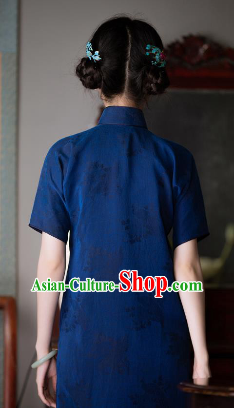 Chinese Traditional Cheongsam National Women Costume Classical Deep Blue Silk Qipao Dress Chinese Traditional Cheongsam National Women Costume Classical Deep Blue Silk Qipao Dress