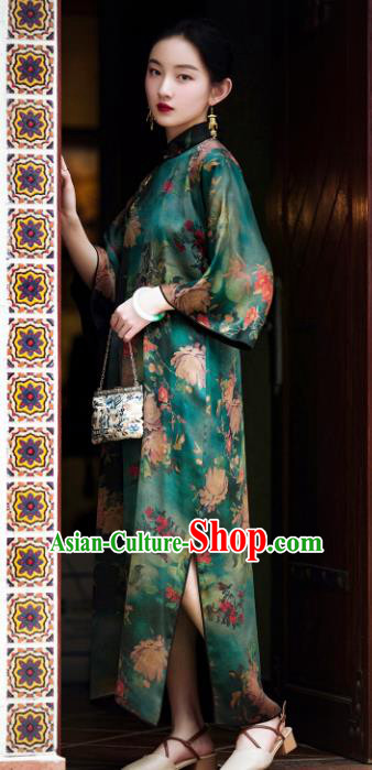 Chinese Traditional Peony Pattern Green Cheongsam National Women Costume Classical Silk Qipao Dress Chinese Traditional Peony Pattern Green Cheongsam National Women Costume Classical Silk Qipao Dress
