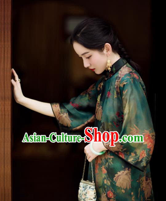 Chinese Traditional Peony Pattern Green Cheongsam National Women Costume Classical Silk Qipao Dress Chinese Traditional Peony Pattern Green Cheongsam National Women Costume Classical Silk Qipao Dress