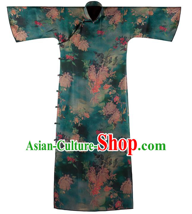 Chinese Traditional Peony Pattern Green Cheongsam National Women Costume Classical Silk Qipao Dress Chinese Traditional Peony Pattern Green Cheongsam National Women Costume Classical Silk Qipao Dress