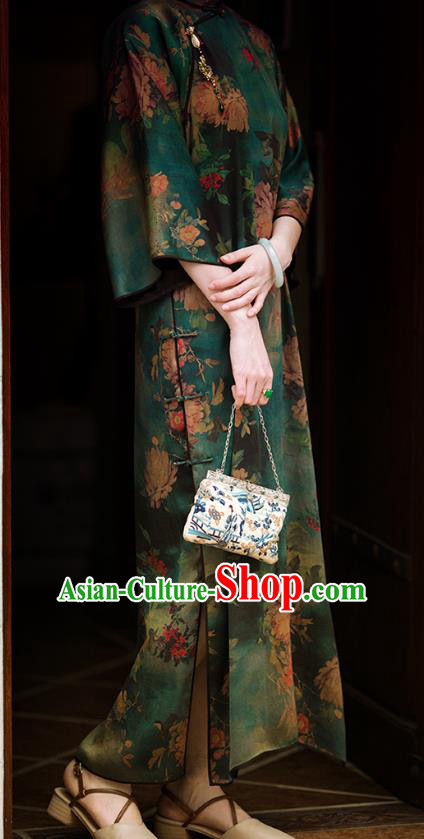 Chinese Traditional Peony Pattern Green Cheongsam National Women Costume Classical Silk Qipao Dress Chinese Traditional Peony Pattern Green Cheongsam National Women Costume Classical Silk Qipao Dress
