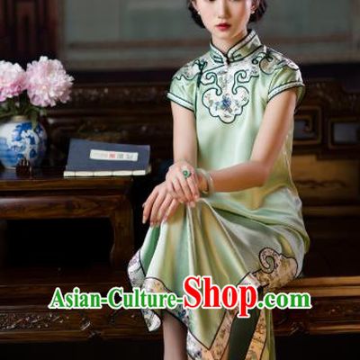 Chinese Traditional Light Green Silk Cheongsam National Women Costume Classical Embroidered Qipao Dress
