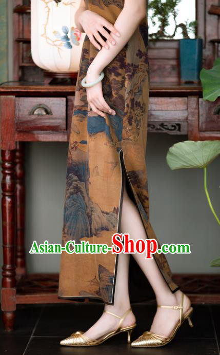 Chinese Traditional Qipao Dress National Women Classical Costume Ginger Silk Cheongsam Chinese Traditional Qipao Dress National Women Classical Costume Ginger Silk Cheongsam